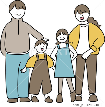 立ち並ぶ四人家族 124354015