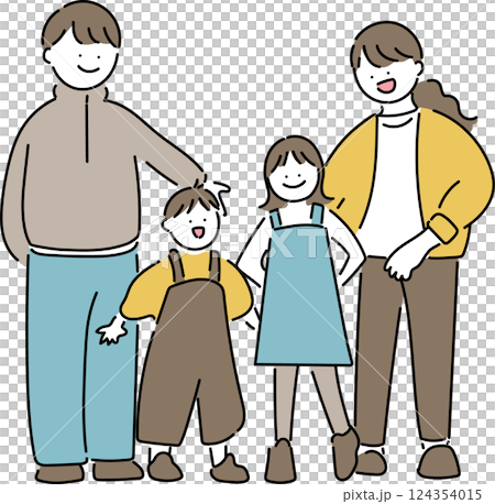 立ち並ぶ四人家族 124354015