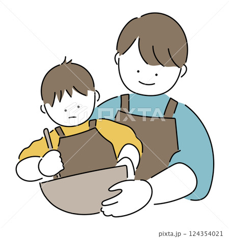 料理をするお父さんと男の子 料理をするお父さんと男の子 124354021