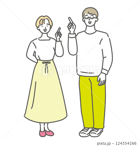 並んで指差しをする若い夫婦のイラスト素材 124354166