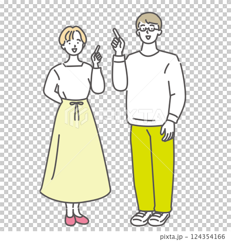 並んで指差しをする若い夫婦のイラスト素材 124354166