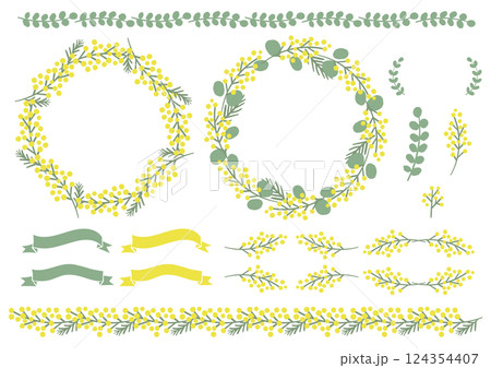 イエローとグリーン基調のおしゃれでかわいいミモザセット 124354407
