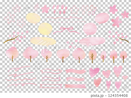 Spring set of watercolor cherry blossom trees and petals 124354408