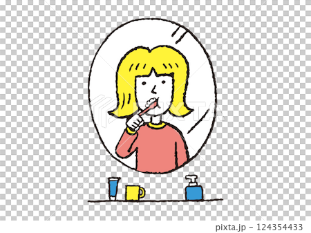 鏡の前で歯磨きする女性 124354433