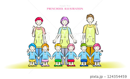手をつなぐ園児と保育士・幼稚園教諭たち｜保育・幼稚園シリーズの全員集合イラスト 124354459