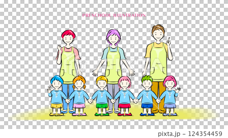 手をつなぐ園児と保育士・幼稚園教諭たち｜保育・幼稚園シリーズの全員集合イラスト 124354459