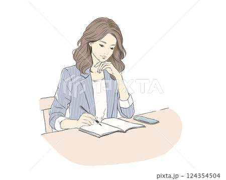 手帳にメモを取るビジネスウーマンのイラスト(ナチュラルな雰囲気) 手帳にメモを取るビジネスウーマンのイラスト(ナチュラルな雰囲気) 124354504