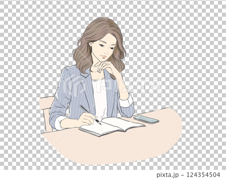 手帳にメモを取るビジネスウーマンのイラスト(ナチュラルな雰囲気) 手帳にメモを取るビジネスウーマンのイラスト(ナチュラルな雰囲気) 124354504