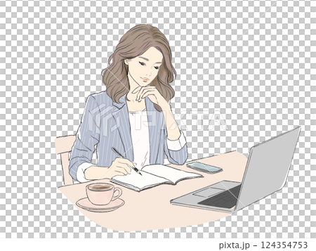 仕事に集中する女性 | デスクワーク | ノートとPCを活用 124354753
