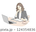 カフェで仕事に集中する女性 | デスクワーク | ノートとPCを活用 124354836