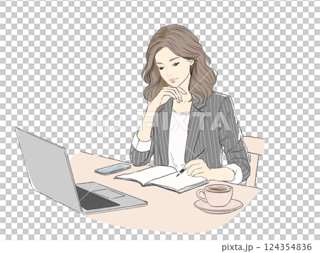 Woman concentrating on work in cafe | Desk work | Using laptop and PC 124354836