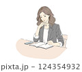 ビジネスシーンで考え事をする女性のイラスト（カジュアルオフィス） 124354932