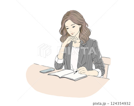 ビジネスシーンで考え事をする女性のイラスト（カジュアルオフィス） 124354932
