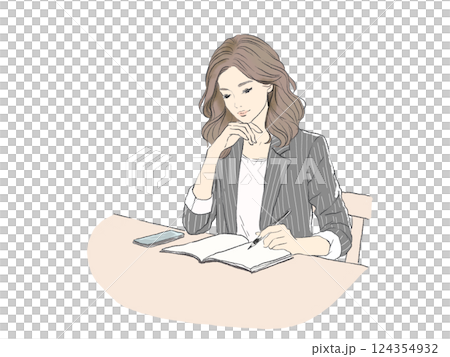 ビジネスシーンで考え事をする女性のイラスト（カジュアルオフィス） 124354932