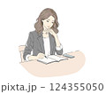考え事をしながらノートを書く女性のイラスト（シンプルでおしゃれ） 124355050