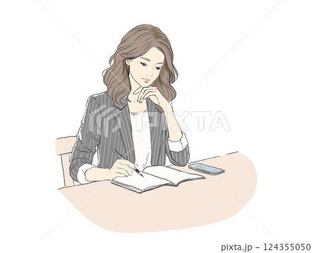 考え事をしながらノートを書く女性のイラスト（シンプルでおしゃれ） 124355050
