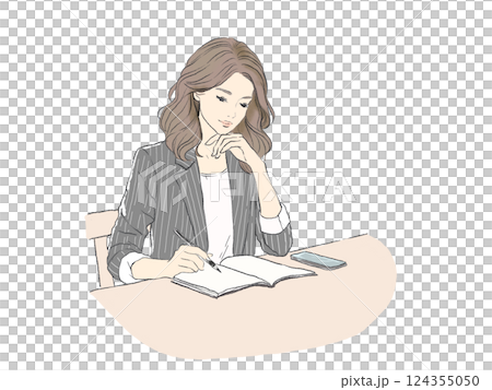 考え事をしながらノートを書く女性のイラスト（シンプルでおしゃれ） 124355050