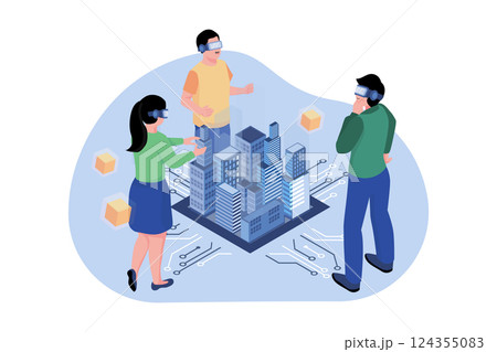 Group people touching city 3D in a virtual world. Experience metaverse concept Group people touching city 3D in a virtual world. Experience metaverse concept 124355083