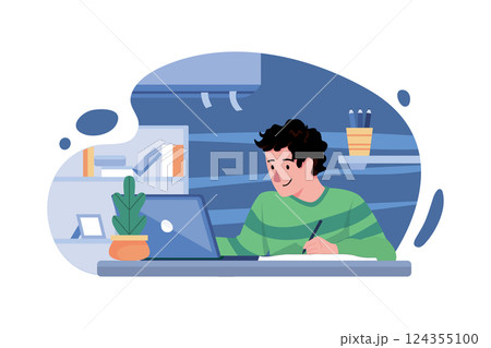 Boy Learning From Home Illustration concept. A flat illustration isolated on white background 124355100