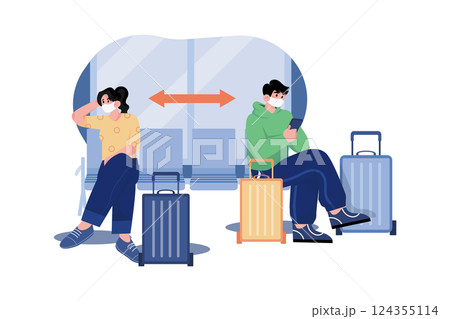 Social Distancing in Airport Illustration concept. A flat illustration isolated on white background Social Distancing in Airport Illustration concept. A flat illustration isolated on white background 124355114
