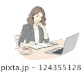 仕事に集中する女性 | デスクワーク | ノートとPCを活用 | カフェ 124355128