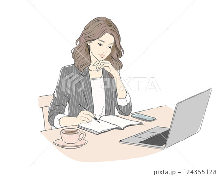 仕事に集中する女性 | デスクワーク | ノートとPCを活用 | カフェ 124355128