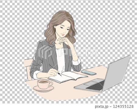 仕事に集中する女性 | デスクワーク | ノートとPCを活用 | カフェ 124355128