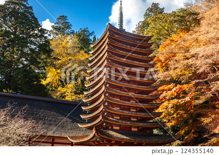 奈良　紅葉の談山神社十三重塔 124355140