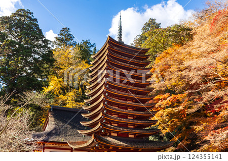 奈良　紅葉の談山神社十三重塔 124355141