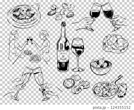 ワイン、おつまみ、料理、乾杯する人々、パーティー、女子会のイラストセット 124355152