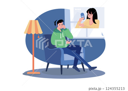 Man Sitting On The Sofa And Listening To The Podcast Man Sitting On The Sofa And Listening To The Podcast 124355213