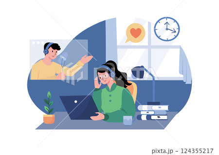 Woman Listening To The Podcast While Working Woman Listening To The Podcast While Working 124355217