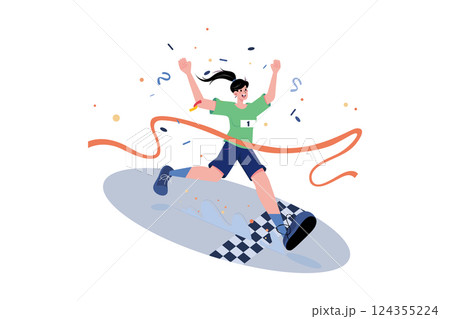 A Women Cross The Finish Line Of A Marathon 124355224