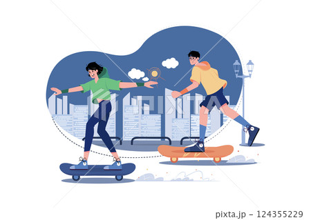 School Girl And Boy Skateboarding On The Street School Girl And Boy Skateboarding On The Street 124355229