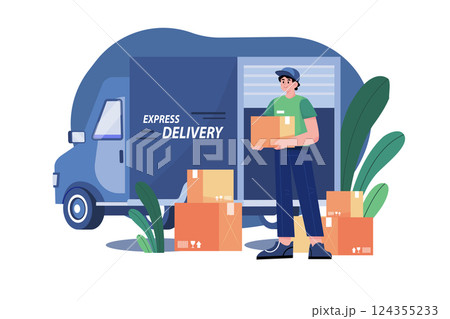 Delivery truck with man is carrying parcels on points 124355233