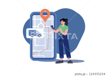 Girl tracks tracking of a parcel on her phone Girl tracks tracking of a parcel on her phone 124355234