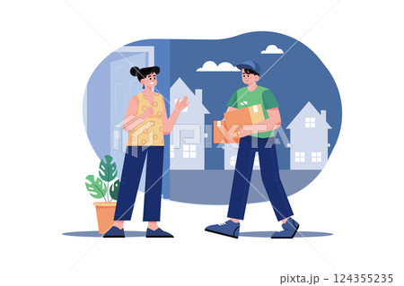 Delivery parcel to door. Courier presents box of recipient. 124355235