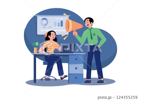 Publisher. Male business leader speaker talking at meeting with a megaphone. 124355259