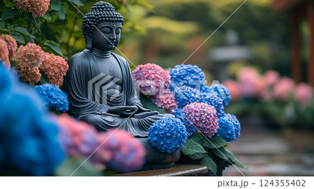紫陽花に囲まれた仏像 124355402