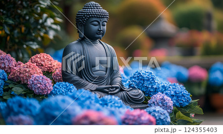 仏像と紫陽花 124355403