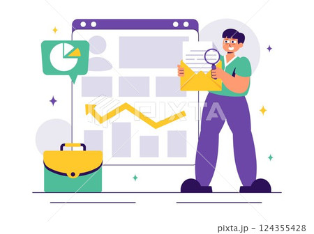 Corporate Investigation Vector Illustration Featuring Observation, Examination, Information Search, and Research for Future Analysis in a Background 124355428