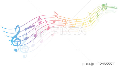 カラフルグラデーションの流れる音符のイラスト 124355511