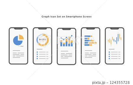 スマホに表示されたグラフのベクターアイコンセット (データ分析・金融) 124355728