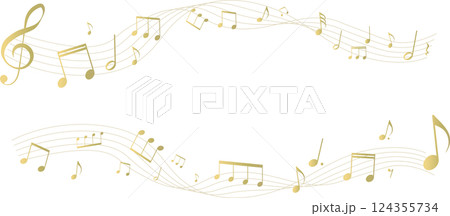 ゴールドの遠近感のある楽譜のフレームイラスト　五線譜　背景イラスト　音符、休符、音楽記号のイラスト 124355734