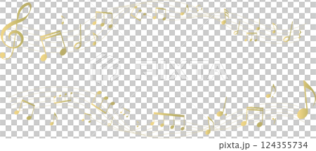 ゴールドの遠近感のある楽譜のフレームイラスト　五線譜　背景イラスト　音符、休符、音楽記号のイラスト 124355734