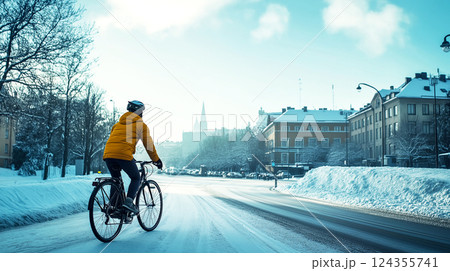 People bicycles, the ancient European city of Helsinki, Finland. Morning light and beautiful downtown snow on the floor in Winter Season 124355741