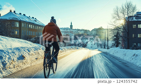 People bicycles, the ancient European city of Helsinki, Finland. Morning light and beautiful downtown snow on the floor in Winter Season 124355742