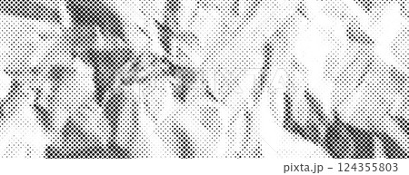 Black halftone crumpled paper wallpaper. Wrinkled paper sheet texture. Comic pop art grainy crumple overlay. Dotted rough creased background. Aged damaged grit page surface in cartoon style. Vector 124355803