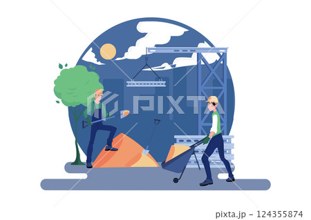 Construction worker pushing a sand trolley 124355874