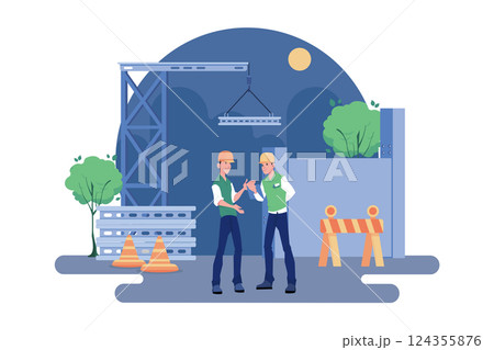 Construction site engineer doing routine standup Construction site engineer doing routine standup 124355876